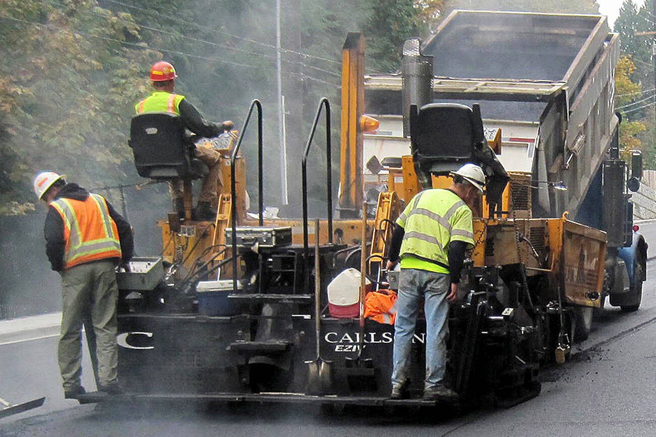Contributed photo from Snohomish County Public Works
Snohomish County Public Works contractor crews have begun their summer 2016 paving work on 13 miles of roadway, primarily in the Monroe and Stanwood areas. This photo is an example of paving work from a previous summer. A new layer of asphalt is put down over the old.